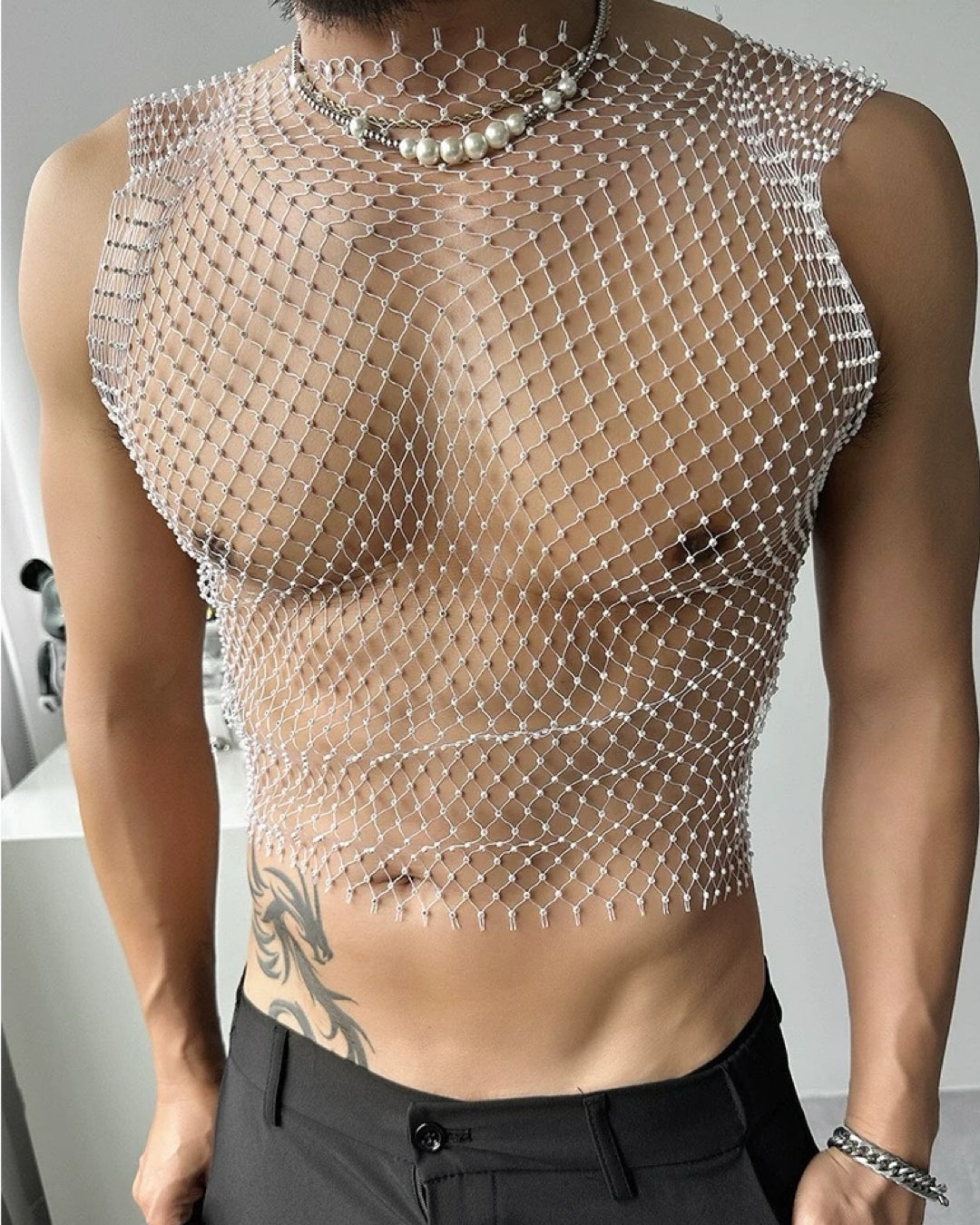 MEN’S RHINESTONE FISHNET TANK TOPS