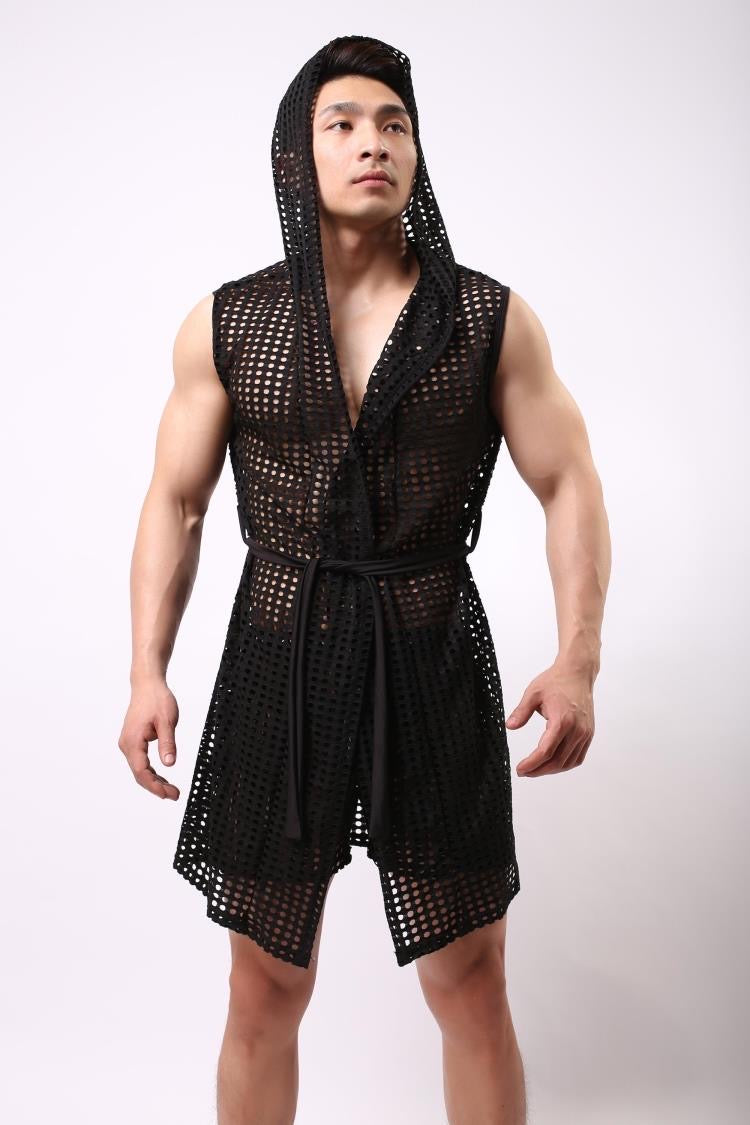 MEN’S SEE-THROUGH MESH LOUNGEWEAR BATHROBE