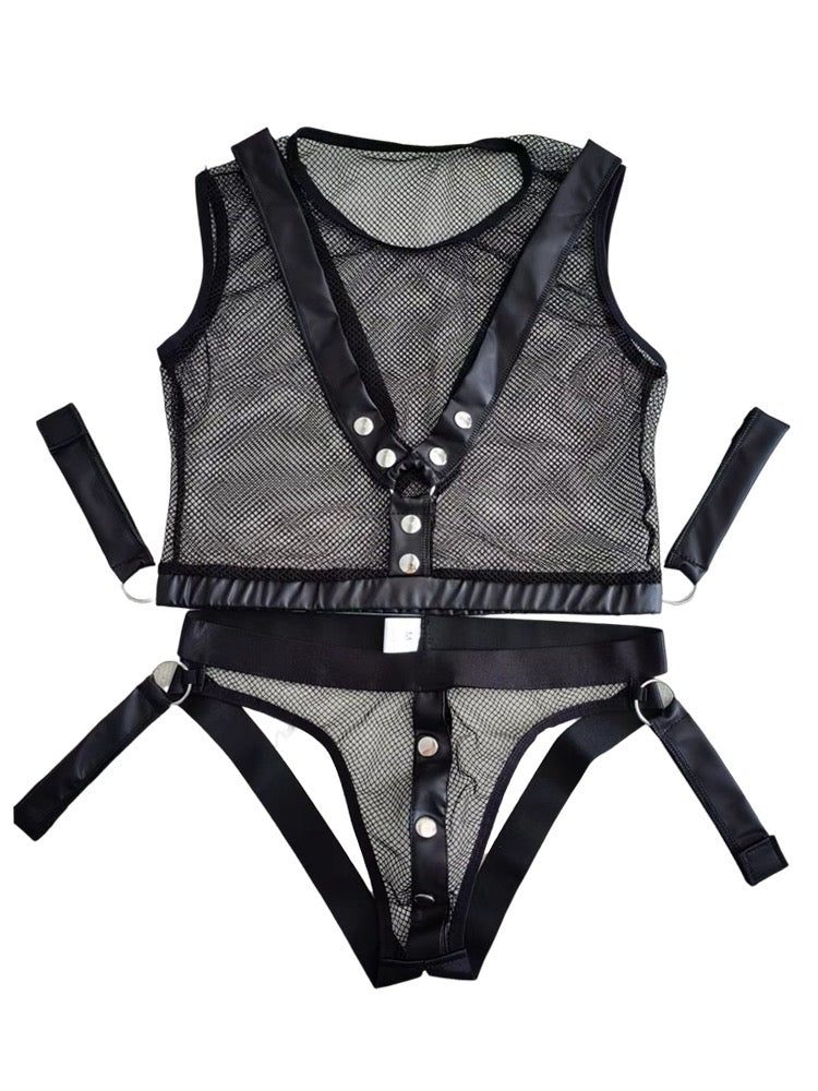 MEN’S LEATHER BONDAGE MESH CROP TOP AND BRIEFS