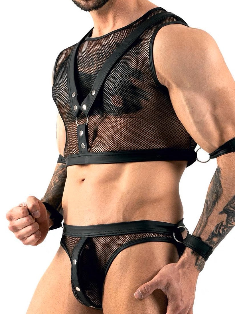MEN’S LEATHER BONDAGE MESH CROP TOP AND BRIEFS