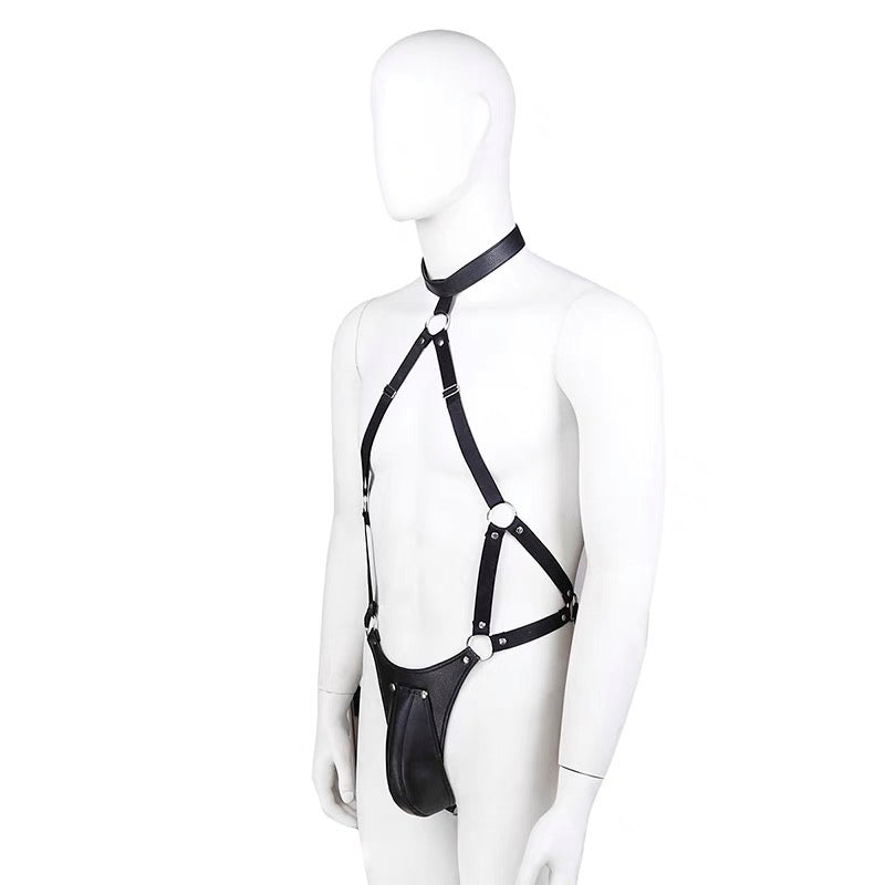 MEN’S FRONT POUCH OPEN LEATHER BODYSUIT