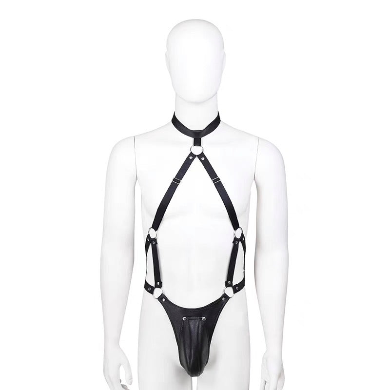 MEN’S FRONT POUCH OPEN LEATHER BODYSUIT