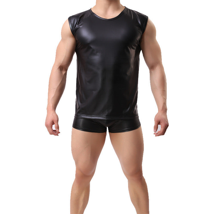 MEN’S LEATHER SLEEVELESS VEST AND SHORTS