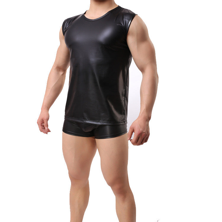 MEN’S LEATHER SLEEVELESS VEST AND SHORTS
