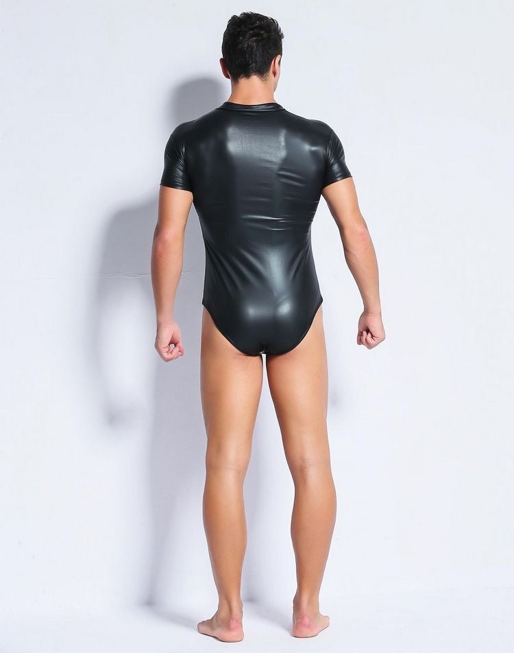 MEN’S LEATHER ZIPPER WRESTLING BODYSUIT