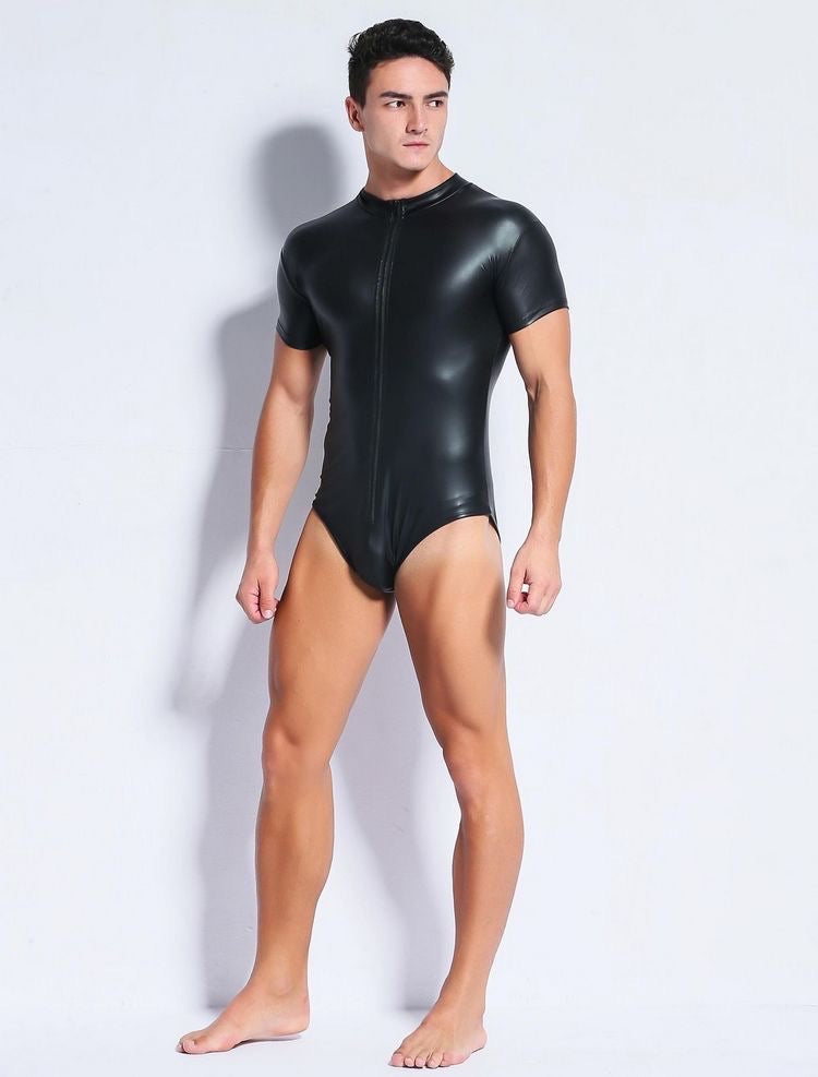 MEN’S LEATHER ZIPPER WRESTLING BODYSUIT