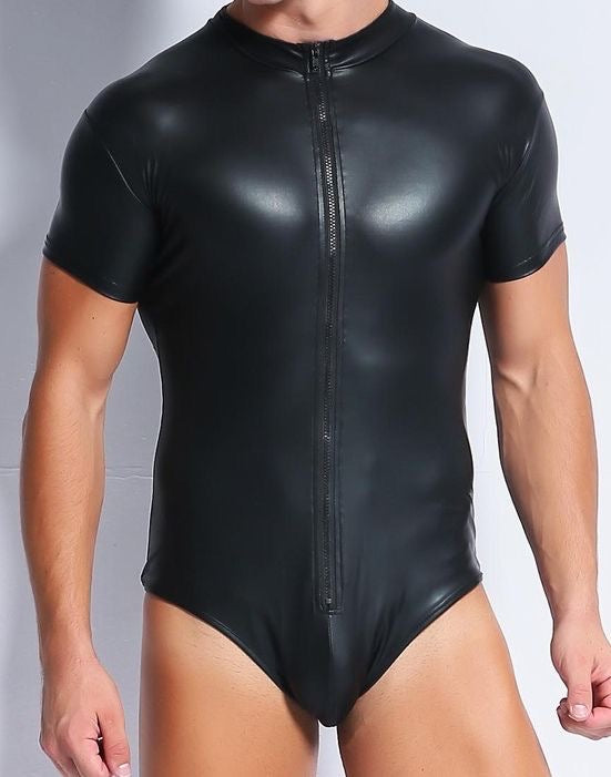 MEN’S LEATHER ZIPPER WRESTLING BODYSUIT