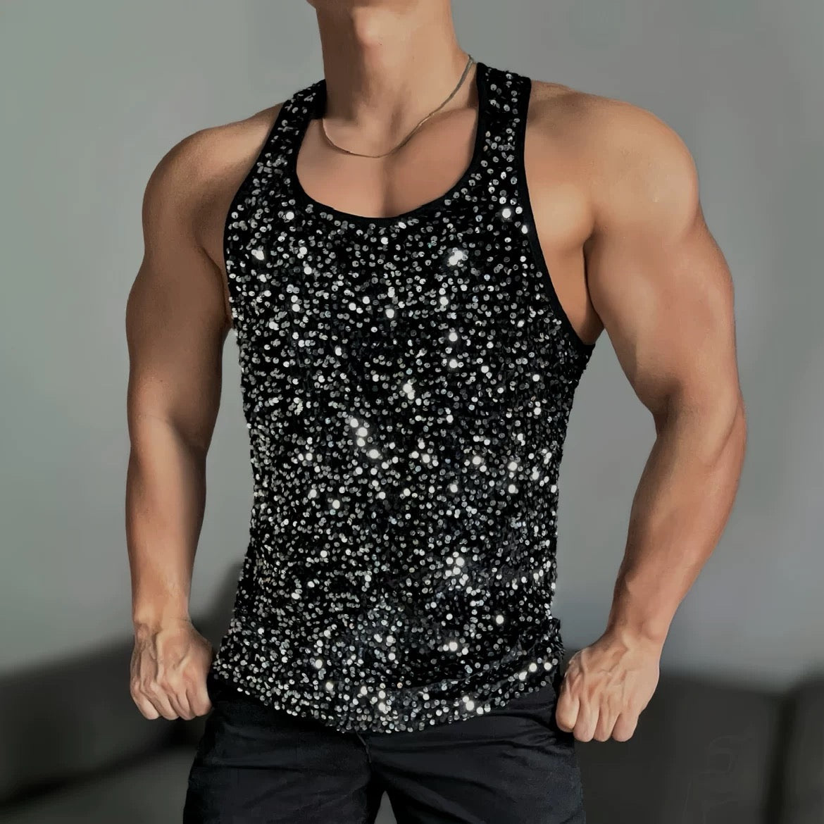 MEN’S SEQUINED SUSPENDER TANK TOP