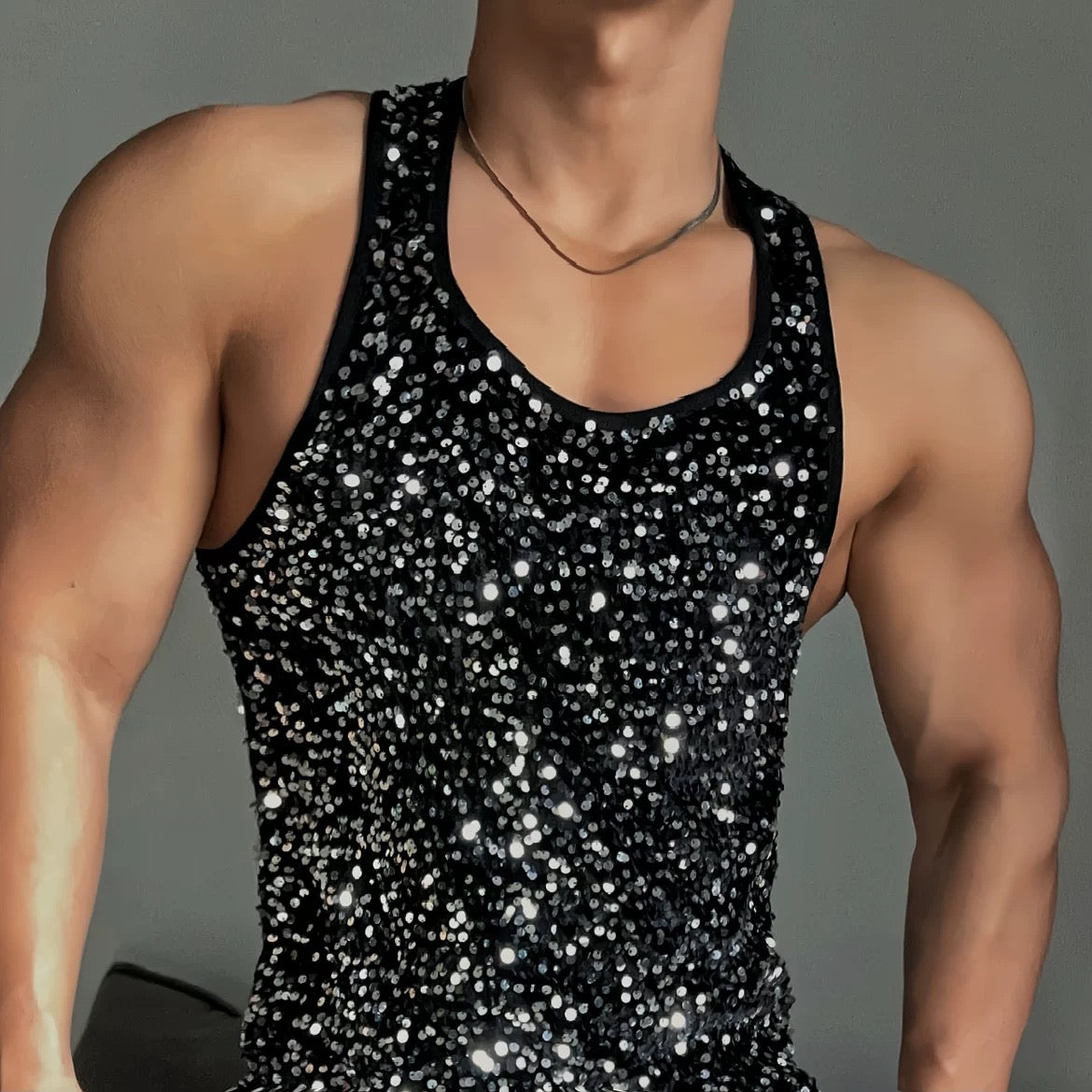 MEN’S SEQUINED SUSPENDER TANK TOP