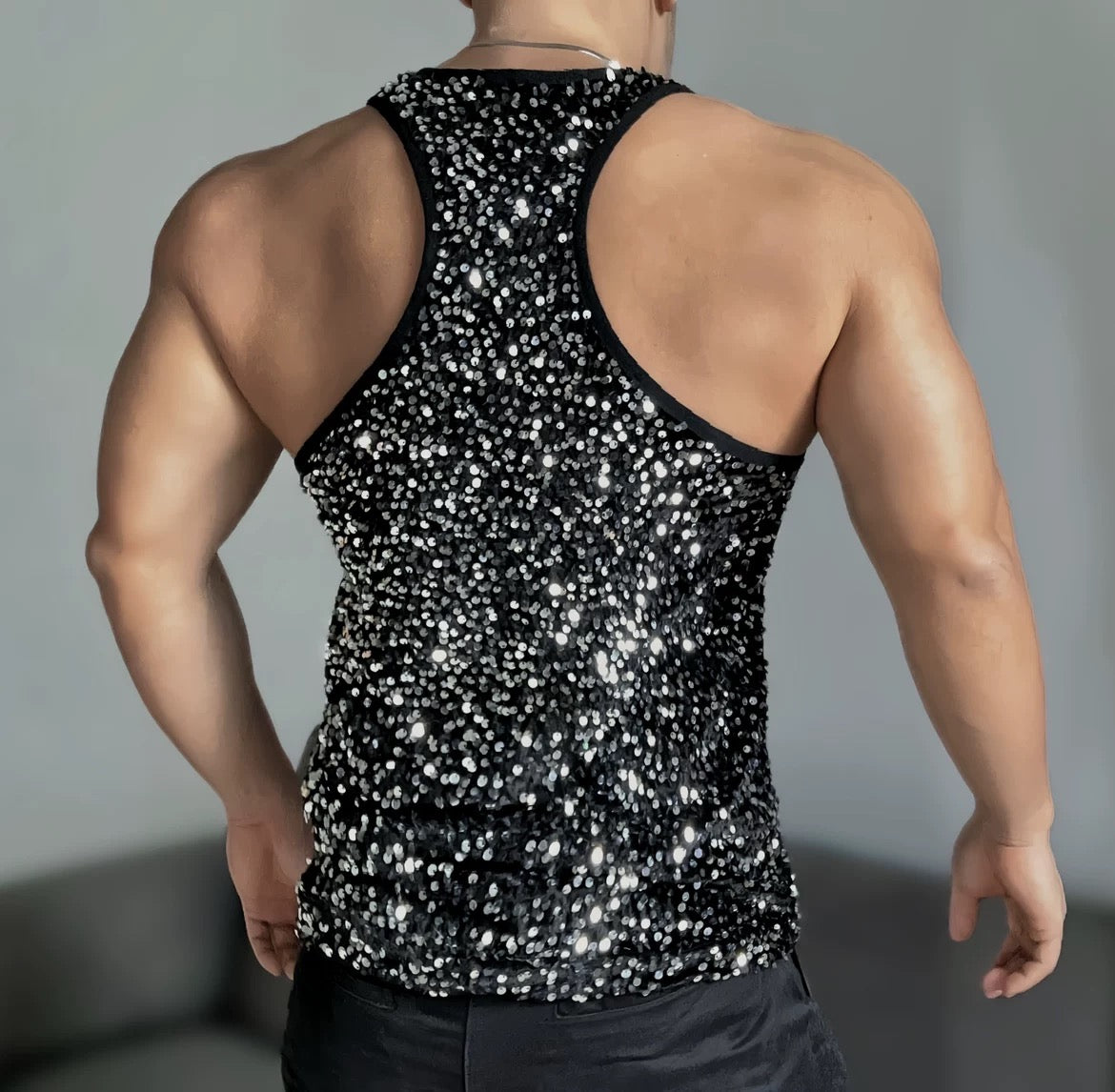 MEN’S SEQUINED SUSPENDER TANK TOP