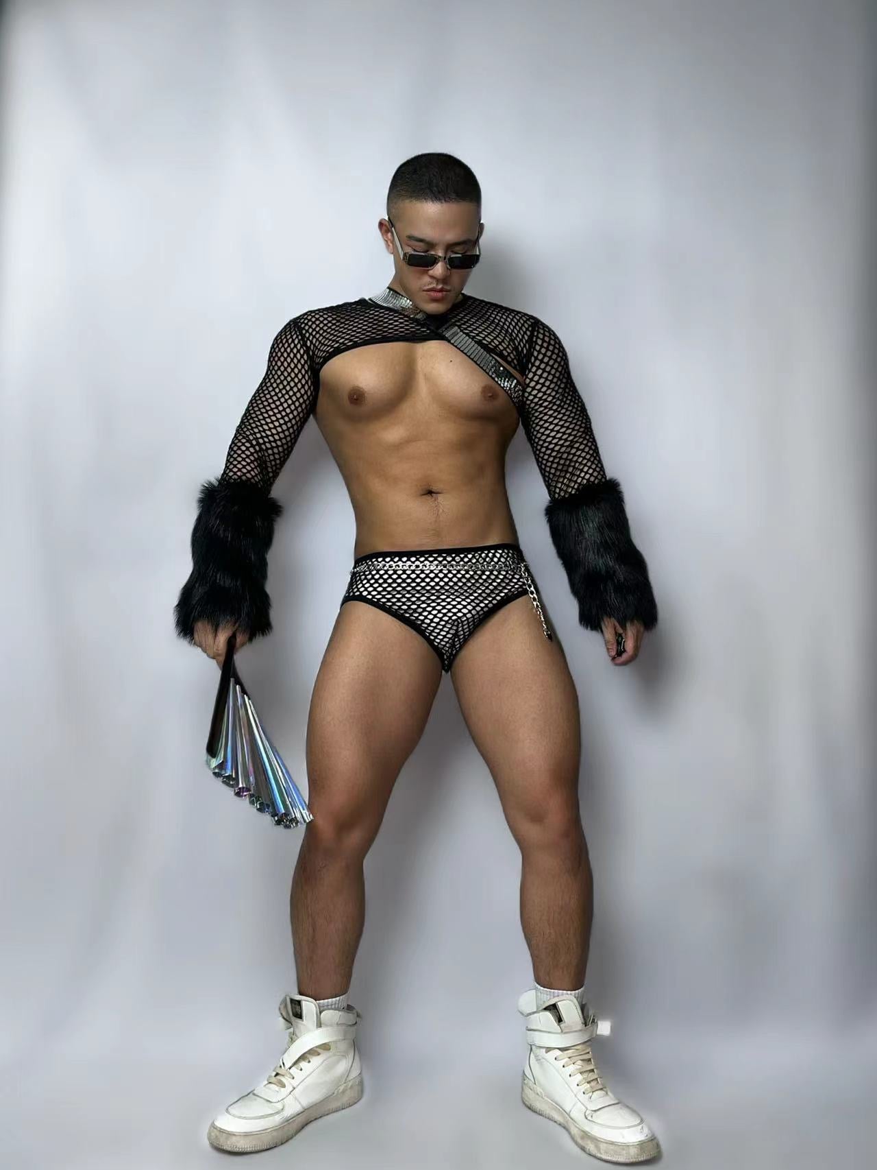 MESH FULL-SLEEVE FUR CROP TOP MALE GOGO COSTUME