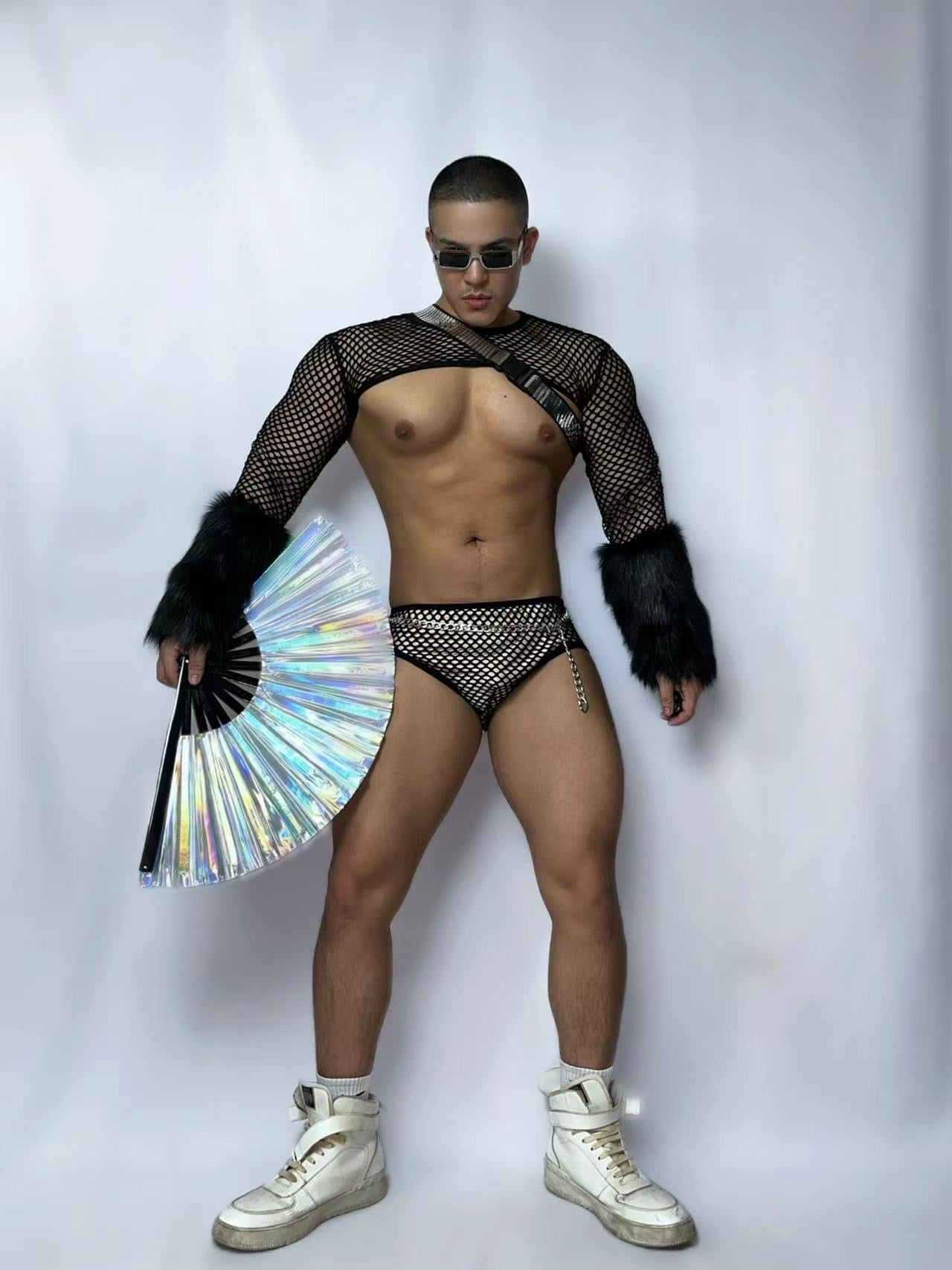 MESH FULL-SLEEVE FUR CROP TOP MALE GOGO COSTUME