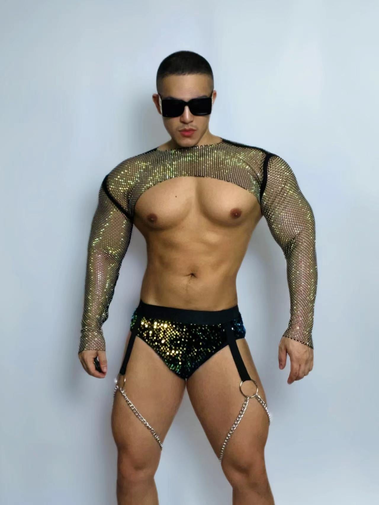 RHINESTONE MESH CROP TOP AND BRIEFS MALE GOGO COSTUME