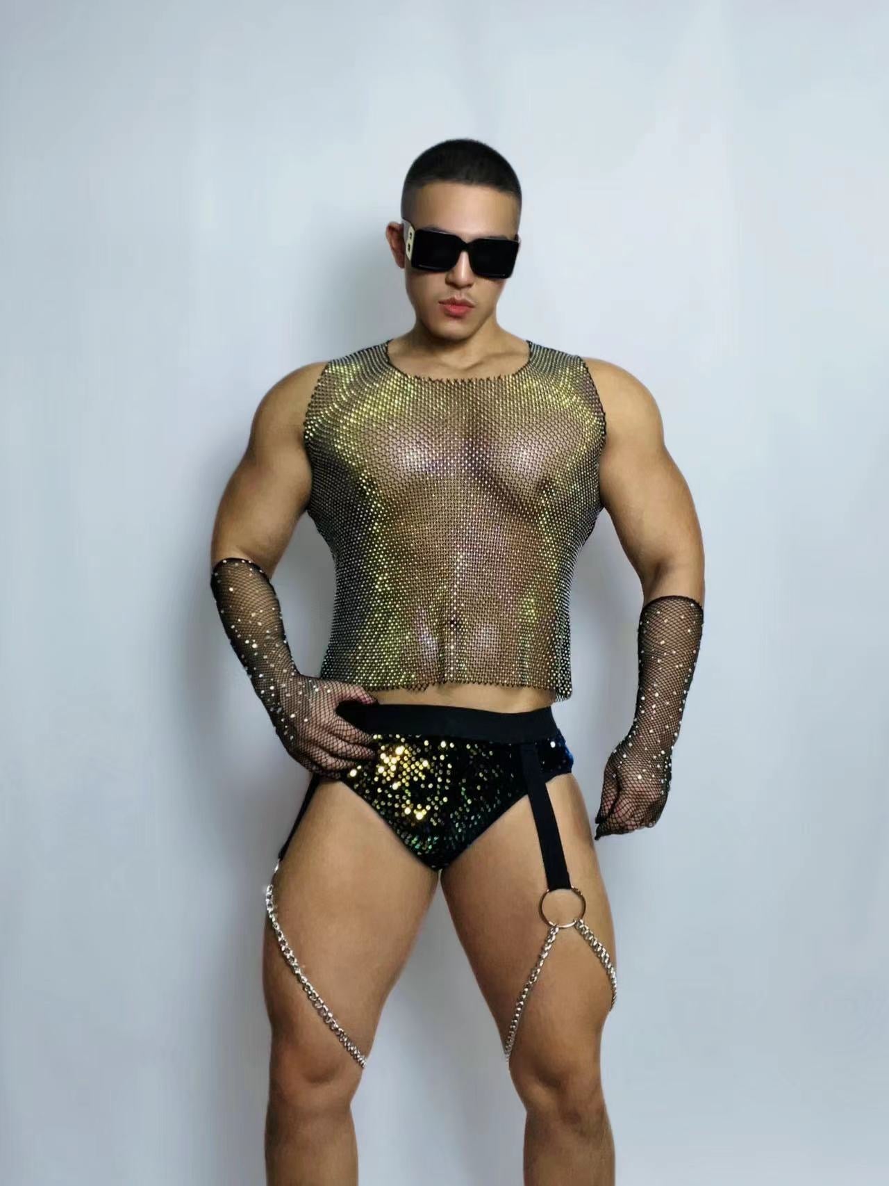 RHINESTONE MESH CROP TOP AND BRIEFS MALE GOGO COSTUME