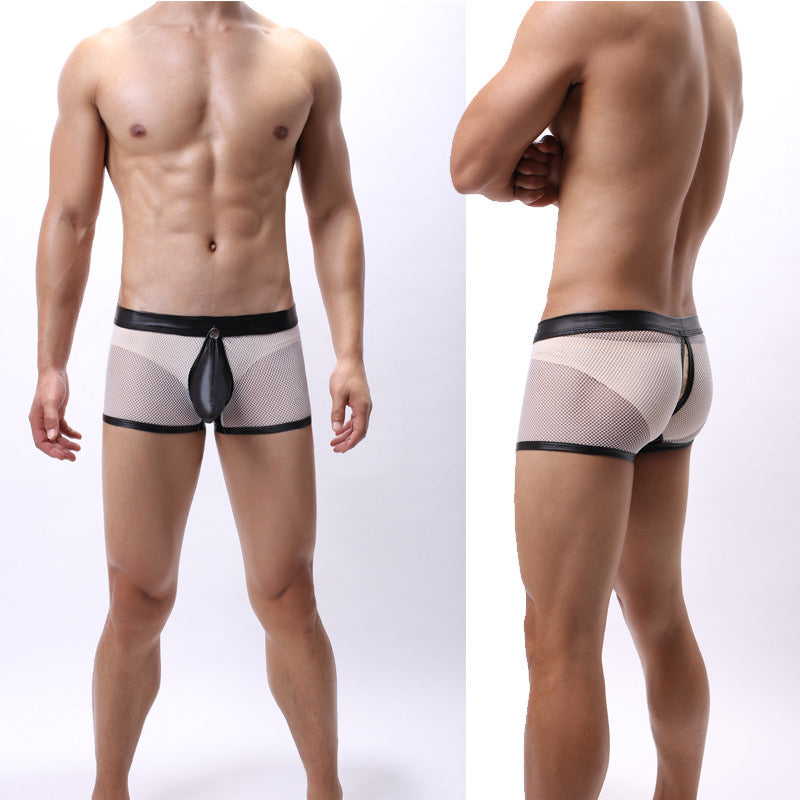 MEN’S DETACHABLE LEATHER POUCH MESH BOXER SHORTS