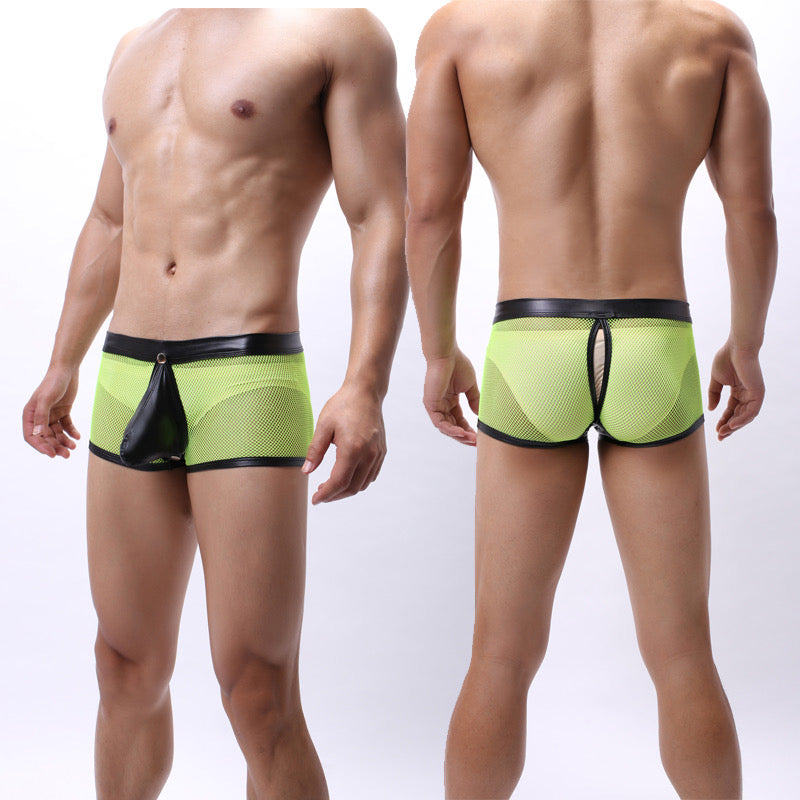 MEN’S DETACHABLE LEATHER POUCH MESH BOXER SHORTS