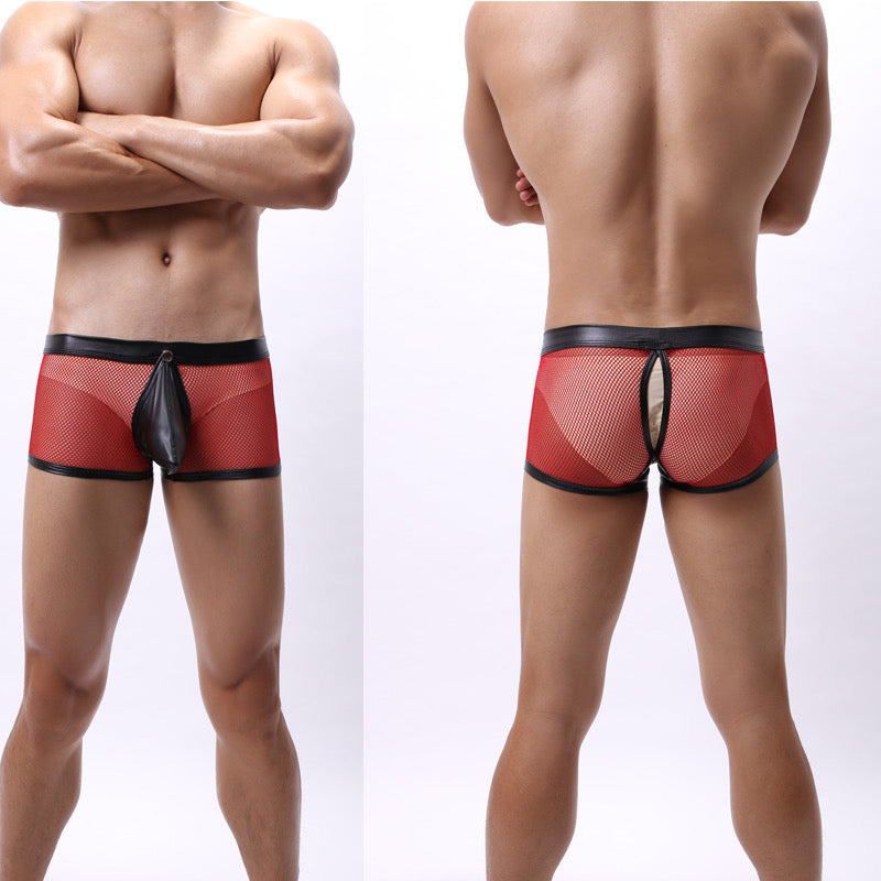 MEN’S DETACHABLE LEATHER POUCH MESH BOXER SHORTS