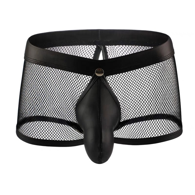 MEN’S DETACHABLE LEATHER POUCH MESH BOXER SHORTS