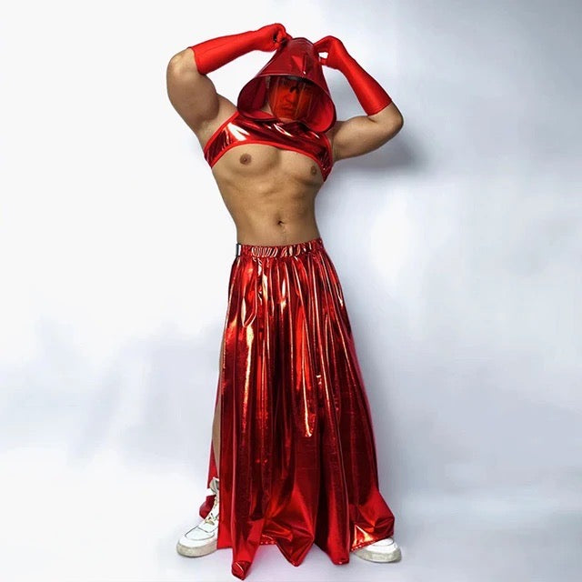 SHINY CROP TOP VEST AND SKIRT MALE GOGO COSTUME
