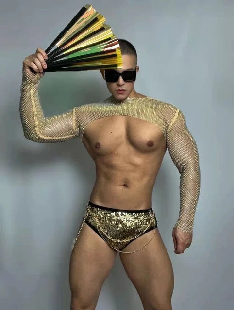 RHINESTONE MESH CROP TOP AND BRIEFS MALE GOGO COSTUME