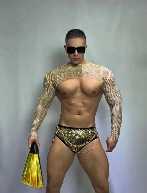 RHINESTONE MESH CROP TOP AND BRIEFS MALE GOGO COSTUME