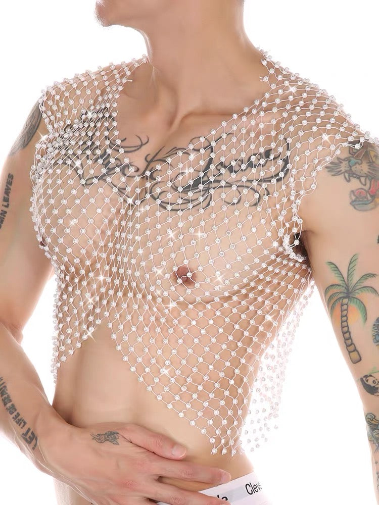 MEN’S RHINESTONE SLIT CROP TANK TOPS