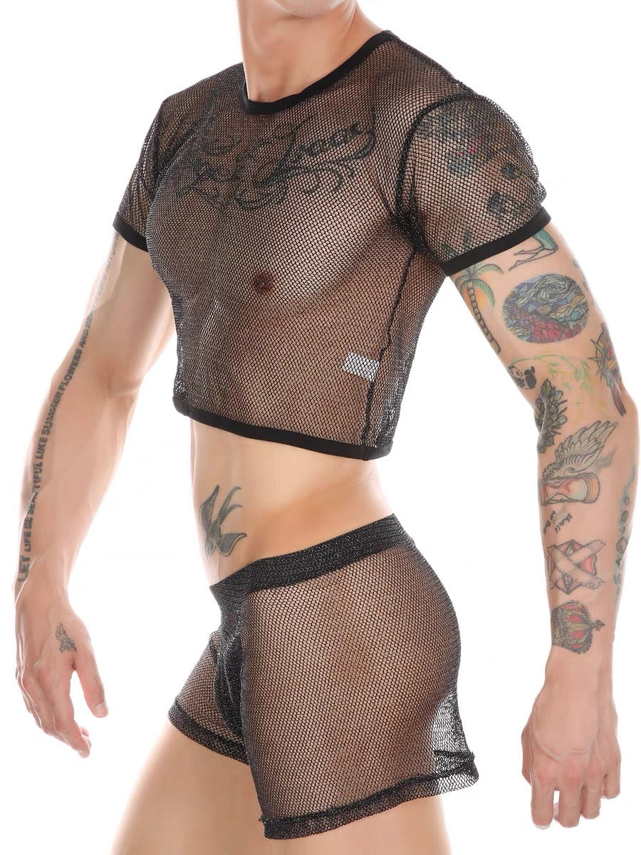 MEN’S SHIMMERING MESH TANK TOPS AND SHORTS