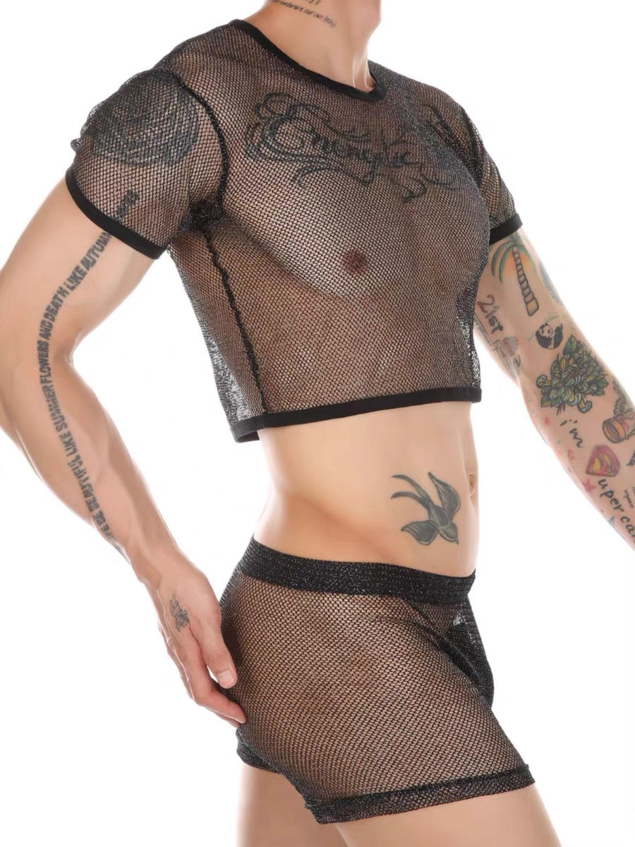 MEN’S SHIMMERING MESH TANK TOPS AND SHORTS