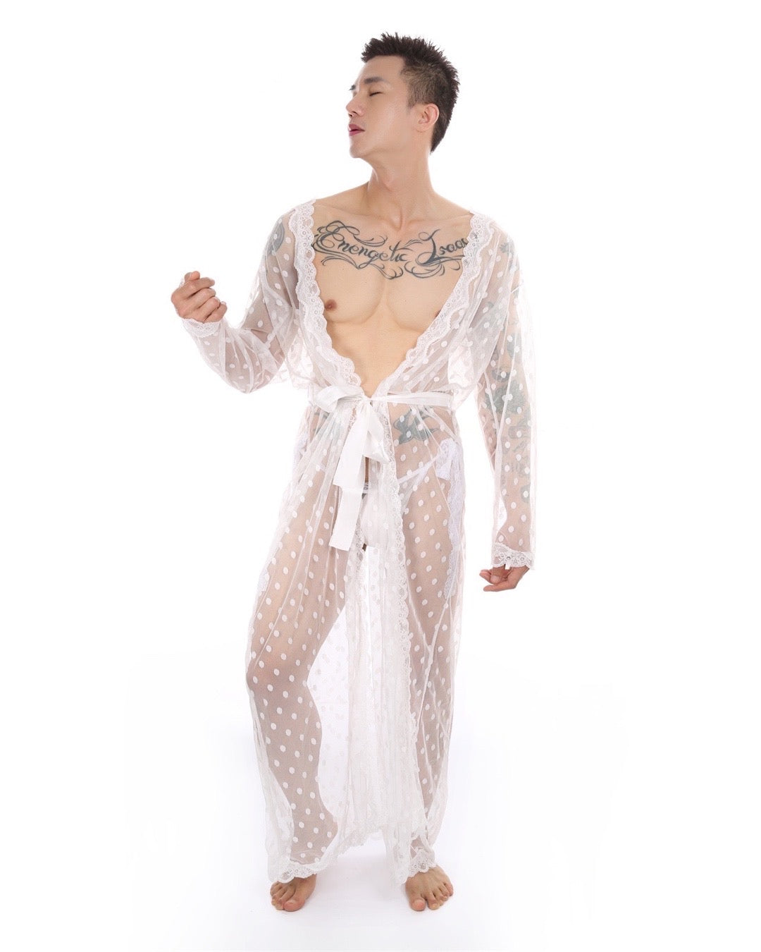 MEN’S SEE-THROUGH LONG LACE LOUNGEWEAR BATHROBE