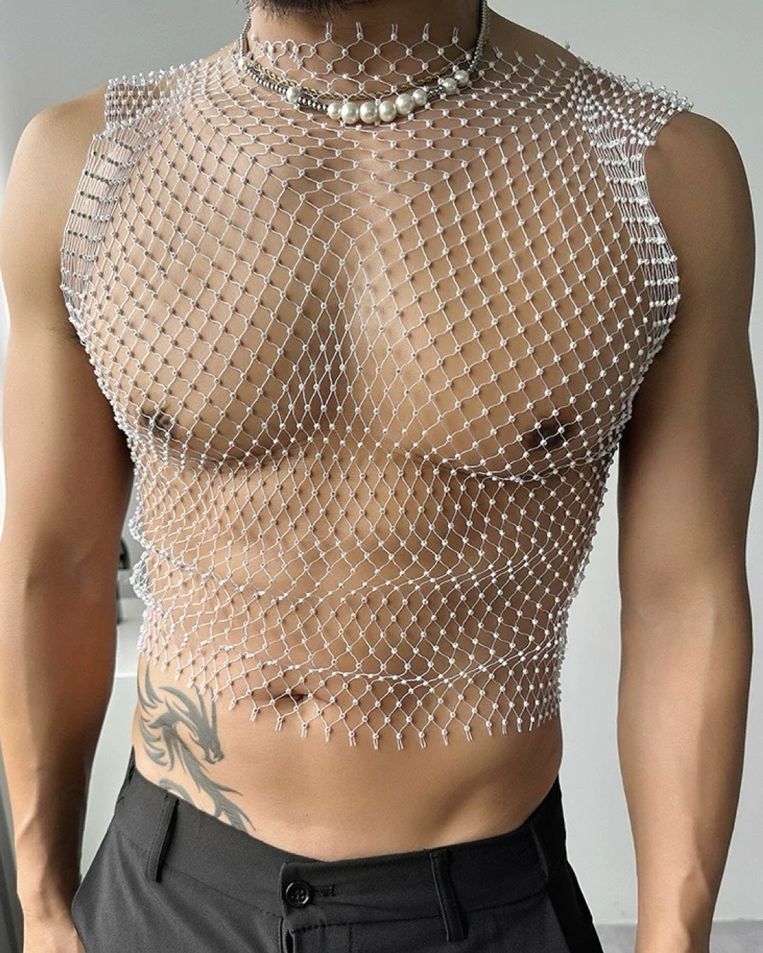 MEN’S RHINESTONE FISHNET TANK TOPS
