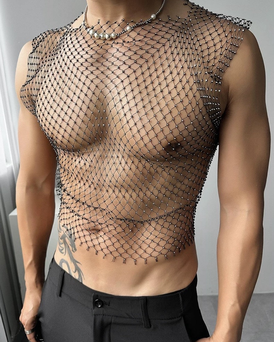 MEN’S RHINESTONE FISHNET TANK TOPS