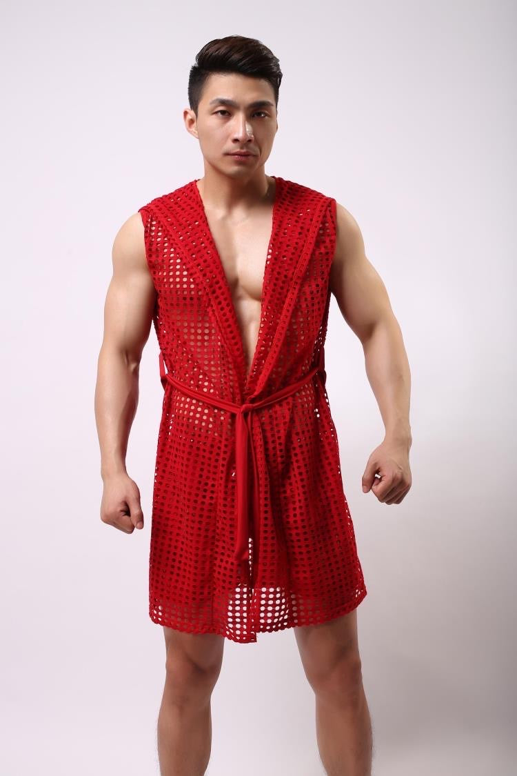 MEN’S SEE-THROUGH MESH LOUNGEWEAR BATHROBE