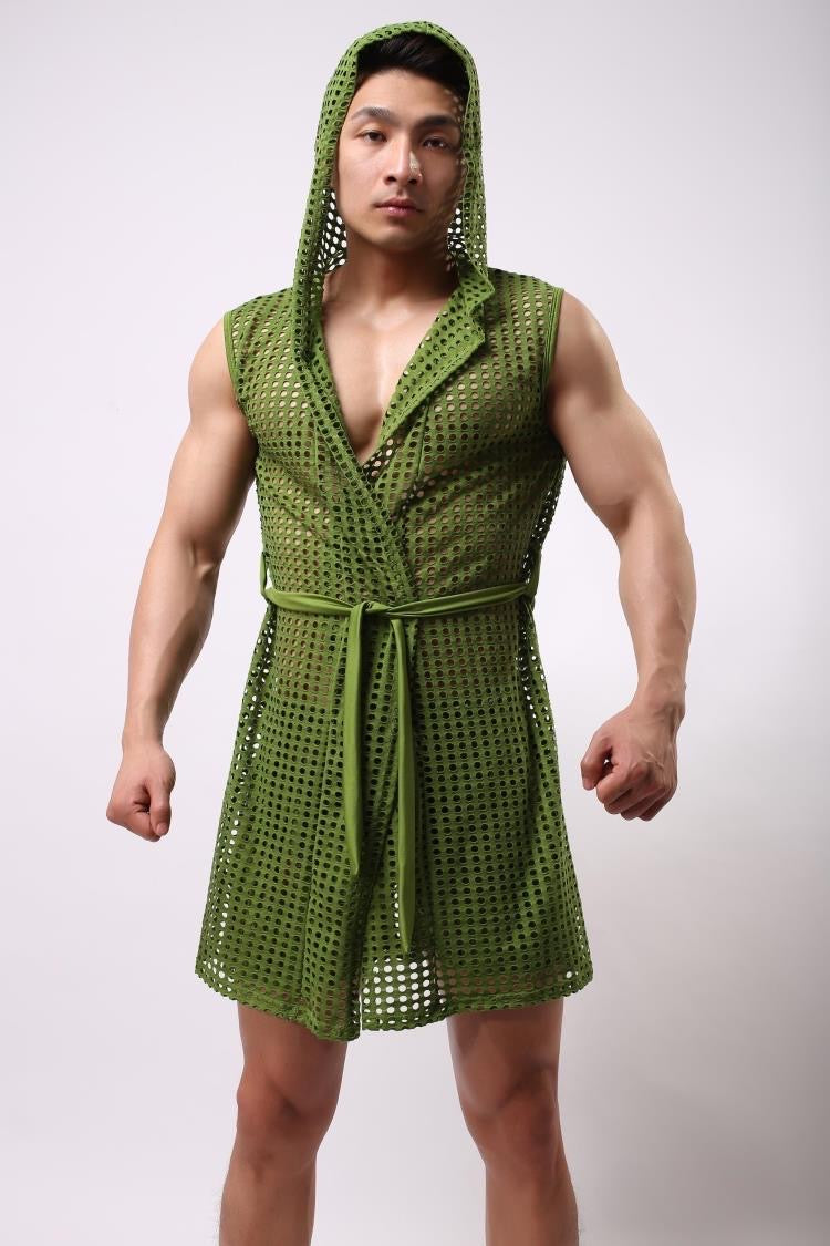 MEN’S SEE-THROUGH MESH LOUNGEWEAR BATHROBE