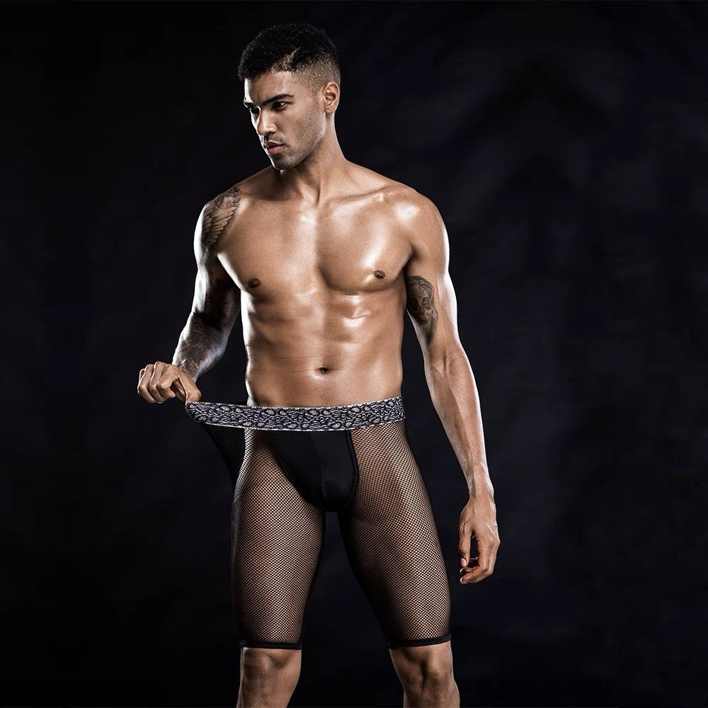 MEN’S DESIGNER GLITTER WAISTBAND SHEER SHORTS