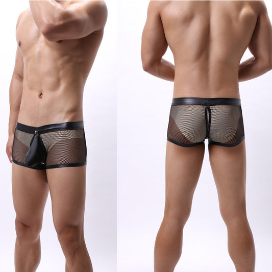 MEN’S DETACHABLE LEATHER POUCH MESH BOXER SHORTS