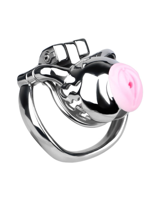 Metallic chastity cage with a pink sounding tube on a white background